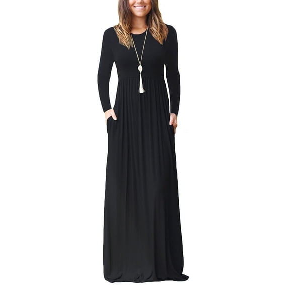 Aiyino Women's Maxi Dresses Long Sleeve Casual Long Dresses Loose with Pockets,Black XL