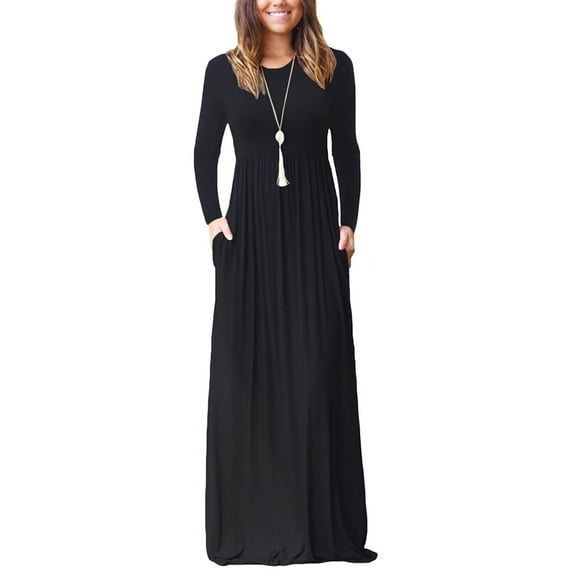 Aiyino Women's Maxi Dresses Long Sleeve Casual Long Dresses Loose with Pockets,Black XL