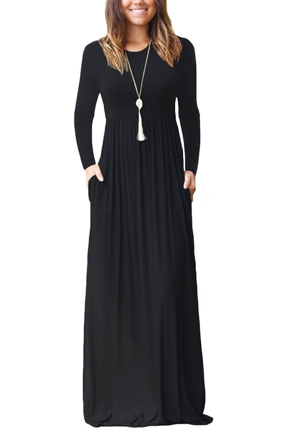 Women's Maxi Dresses Long Sleeve Casual Long Dresses Loose with Pockets,Black XL