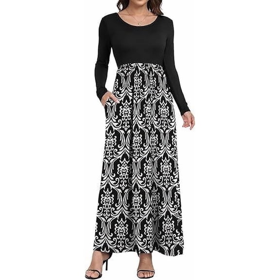 Aiyino Women's Maxi Dresses Long Sleeve Casual Long Dresses Loose with Pockets,Black White S
