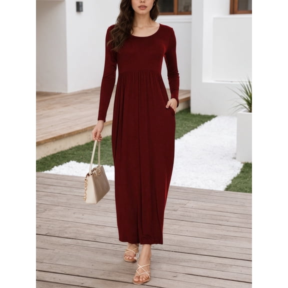 Aiyino Women's Maxi Dresses Long Sleeve Casual Long Dresses Loose with Pockets For Party Evening Gown,Wine Red XL