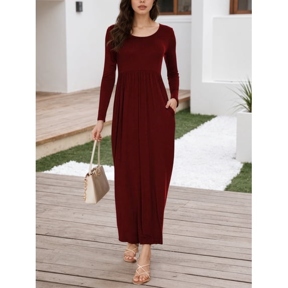 Aiyino Women's Maxi Dresses Long Sleeve Casual Long Dresses Loose with Pockets For Party Evening Gown,Wine Red L