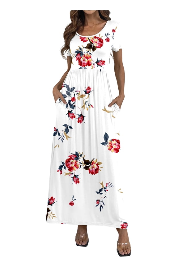 Women's Maxi Dresses Short Sleeve Casual Long Dresses Loose with Pockets