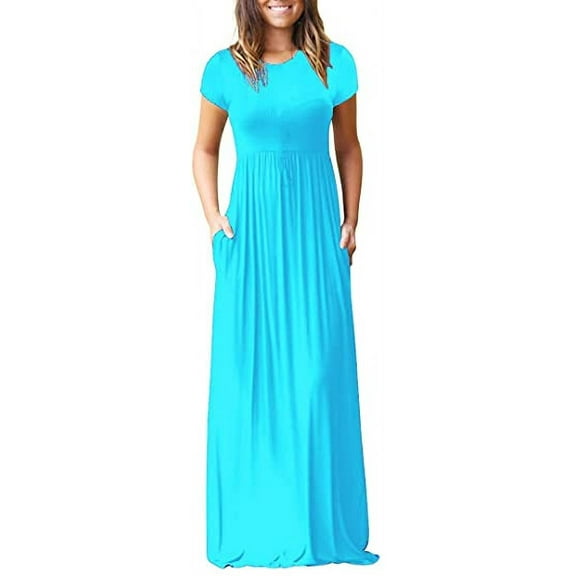 Aiyino Women's Maxi Dresses Short Sleeve Casual Long Dresses Loose with Pockets,Blue M