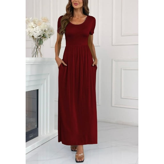 Aiyino Women's Maxi Dresses Plus Size Short Sleeve Casual Long Dresses Loose with Pockets,2XL Wine Red