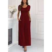 Aiyino Women's Maxi Dresses Plus Size Short Sleeve Casual Long Dresses Loose with Pockets,XL Wine Red