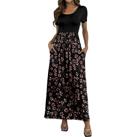 Aiyino Women's Maxi Dresses Short Sleeve Casual Long Dresses Loose with Pockets