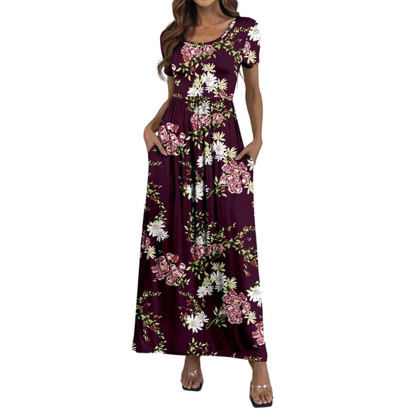 Aiyino Women's Maxi Dresses Short Sleeve Casual Long Dresses Loose with Pockets