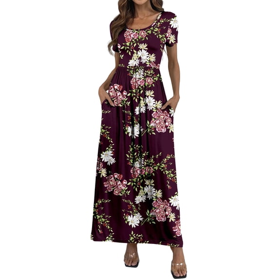 Aiyino Women's Maxi Dresses Short Sleeve Casual Long Dresses Loose with Pockets