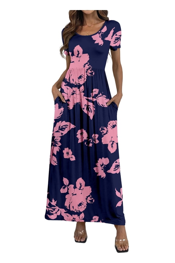 Women's Maxi Dresses Short Sleeve Casual Long Dresses Loose with Pockets