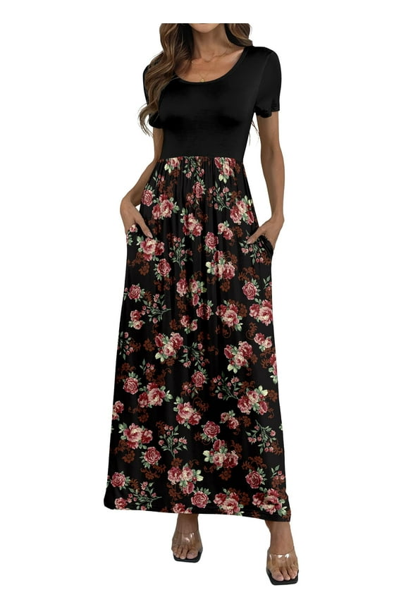 Women's Maxi Dresses Short Sleeve Casual Long Dresses Loose with Pockets
