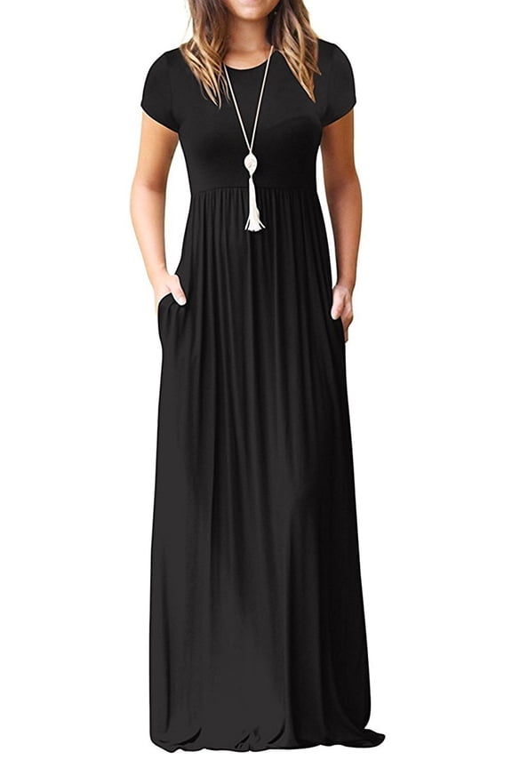 Women's Maxi Dresses Short Sleeve Casual Long Dresses Loose with Pockets,Black 2XL