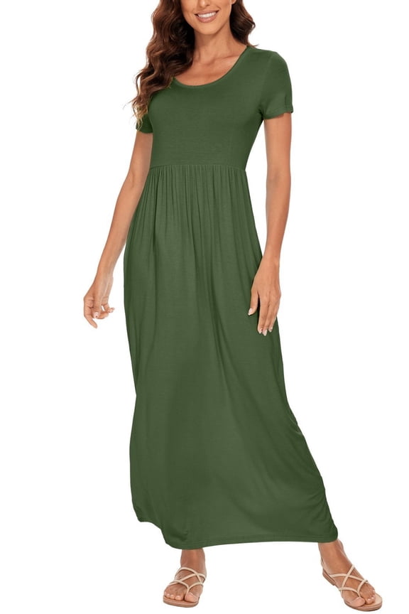 Women's Maxi Dresses Short Sleeve Casual Long Dresses Loose with Pockets,Green XL