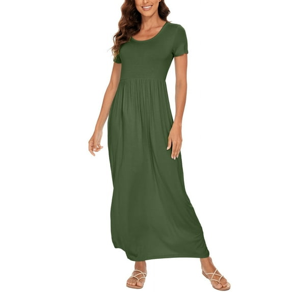 Aiyino Women's Maxi Dresses Short Sleeve Casual Long Dresses Loose with Pockets,Green 2L