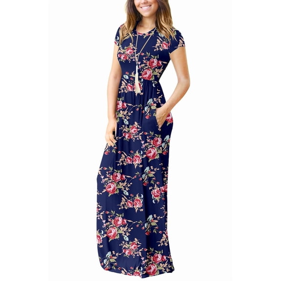 Aiyino Women's Maxi Dresses Short Sleeve Casual Long Dresses Loose with Pockets