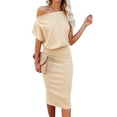thumbnail image 1 of Aiyino Women's Off The Shoulder Short Sleeve Ribbed Casual Party Bodycon Midi Dress XL,Apricot, 1 of 10