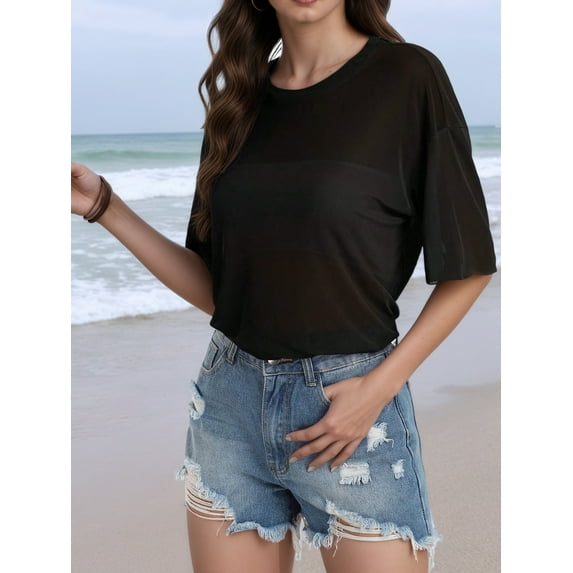 Aiyino Women's See Through Mesh Sheer Blouse Sexy T Shirt Blouse Summer Short Sleeve Round Neck Loose Tops Tee,S Black