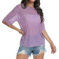 thumbnail image 1 of Aiyino Women's See Through Mesh Sheer Blouse Sexy T Shirt Blouse Summer Short Sleeve Round Neck Loose Tops Tee,S Purple, 1 of 10