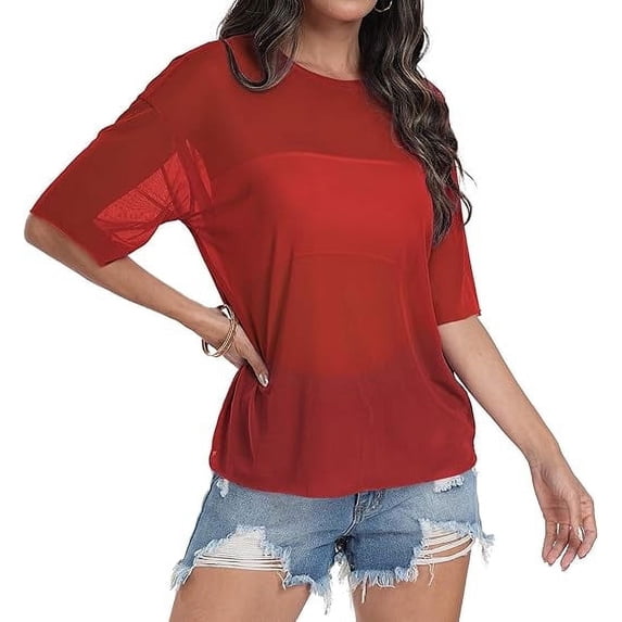 Aiyino Women's See Through Mesh Sheer Blouse Sexy T Shirt Blouse Summer Short Sleeve Round Neck Loose Tops Tee,XXL Red