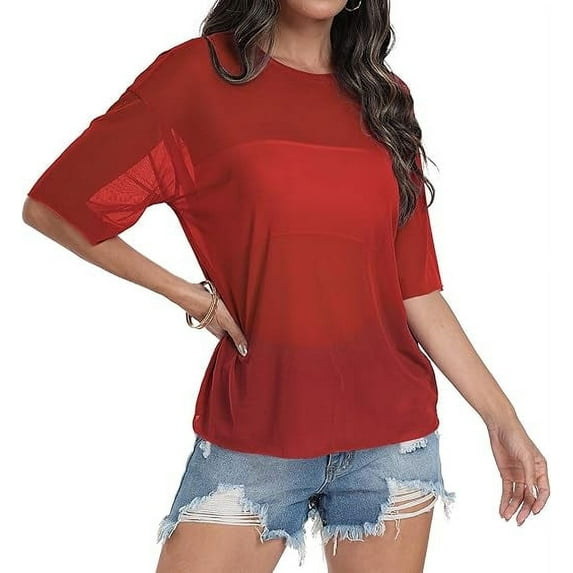 Aiyino Women's See Through Mesh Sheer Blouse Sexy T Shirt Blouse Summer Short Sleeve Round Neck Loose Tops Tee,XXL Red