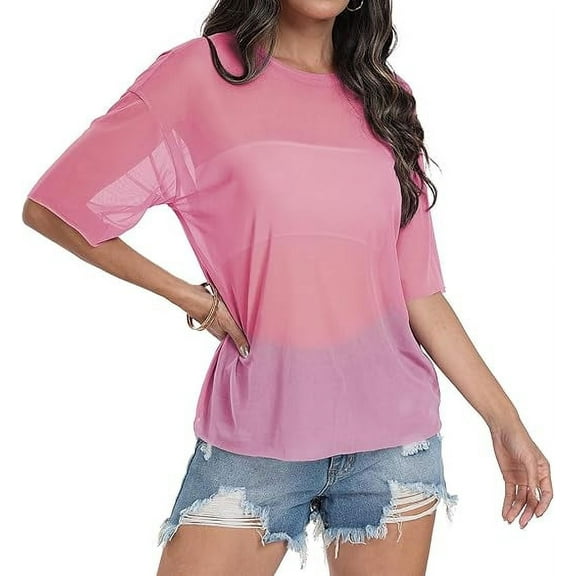 Aiyino Women's See Through Mesh Sheer Blouse Sexy T Shirt Blouse Summer Short Sleeve Round Neck Loose Tops Tee,L Dark Pink