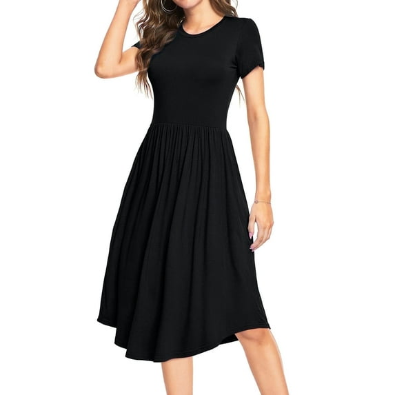 Aiyino Women's Short Sleeve Casual Dress Pleated Loose Flowy Midi Dress With Pocket
