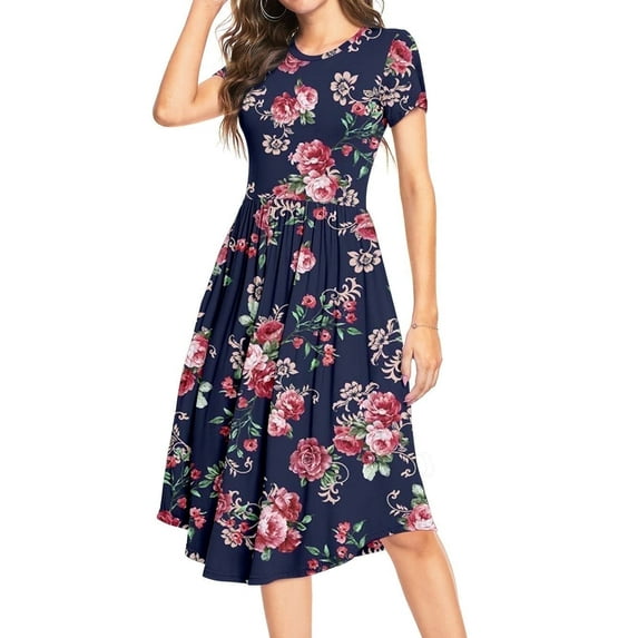 Aiyino Women's Short Sleeve Casual Dress Pleated Loose Flowy Midi Dress With Pocket