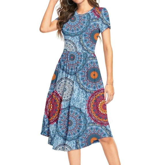 Aiyino Women's Short Sleeve Casual Dress Pleated Loose Flowy Midi Dress With Pocket