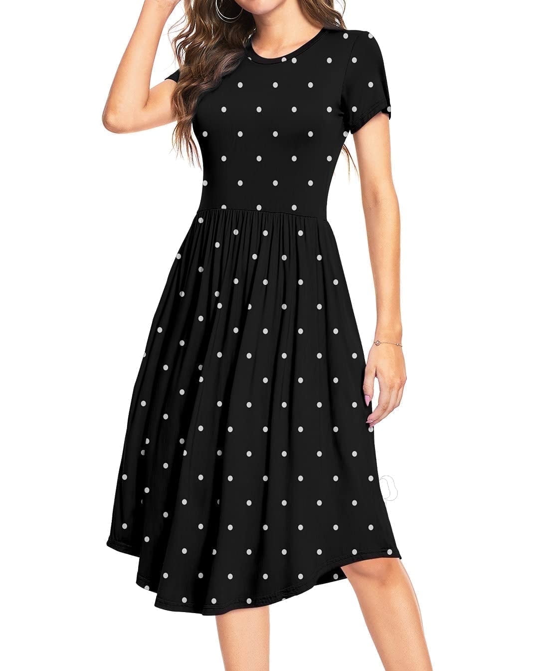 Fashion women's round neck short sleeve polka dot pleated dress