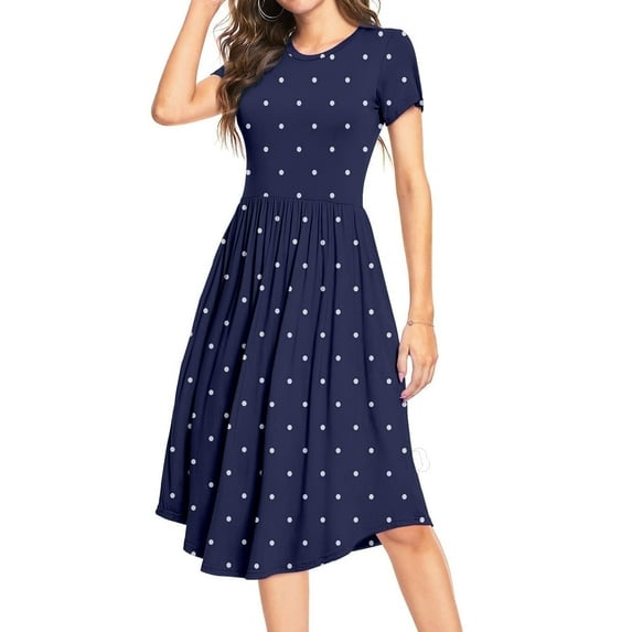 Aiyino Women's Short Sleeve Polka Dot Casual Dress Pleated Loose Flowy Midi Dress With Pocket