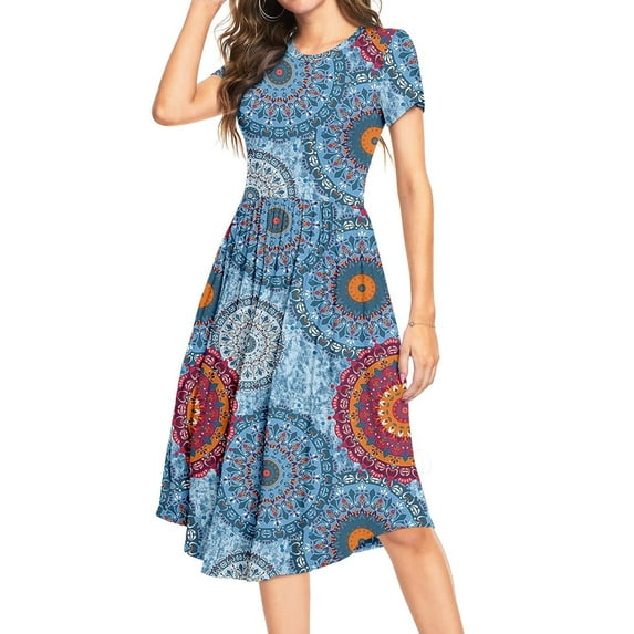 Aiyino Women's Short Sleeve Printed Pattern Casual Dress Pleated Loose Flowy Midi Dress With Pocket