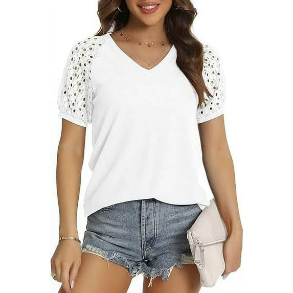 Aiyino Women’s Short Sleeve Round Neck Tops Lace Casual Loose Blouses T Shirts