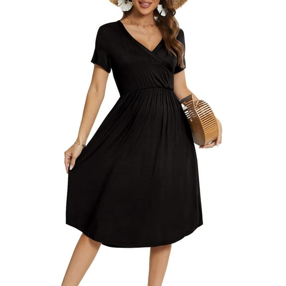 Aiyino Women's Short Sleeve V-neck Casual Dress Pleated Loose Flowy Midi Dress With Pocket