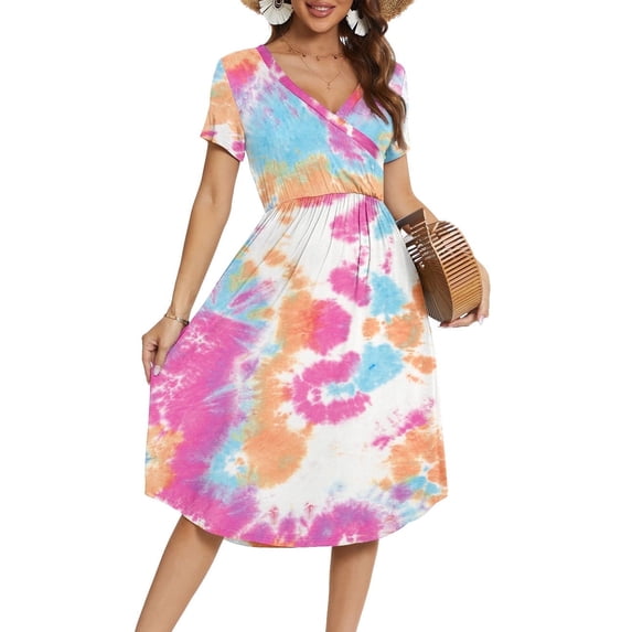 Aiyino Women's Short Sleeve V-neck Casual Dress Printed Pattern Pleated Loose Flowy Midi Dress With Pocket