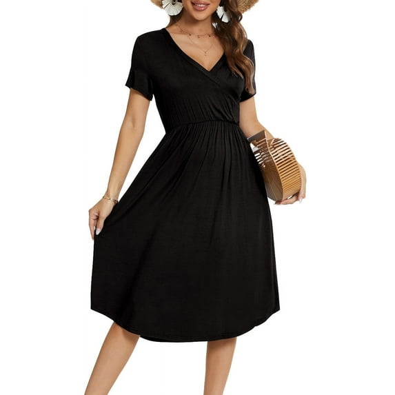 Aiyino Women's Short Sleeve V-neck Casual Dress Printed Pattern Pleated Loose Flowy Midi Dress With Pocket