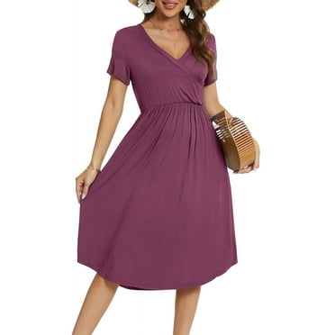 Aiyino Women's Short Sleeve V-neck Casual Dress Printed Pattern Pleated Loose Flowy Midi Dress With Pocket