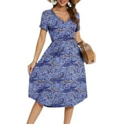 AIYINO Women's Short Sleeve V-neck Casual Dress Printed Pattern Pleated Loose Flowy Midi Dress With Pocket