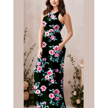 Aiyino Women's Sleeveless Dresses Plain Maxi Casual Long Dresses with Pockets,Black M