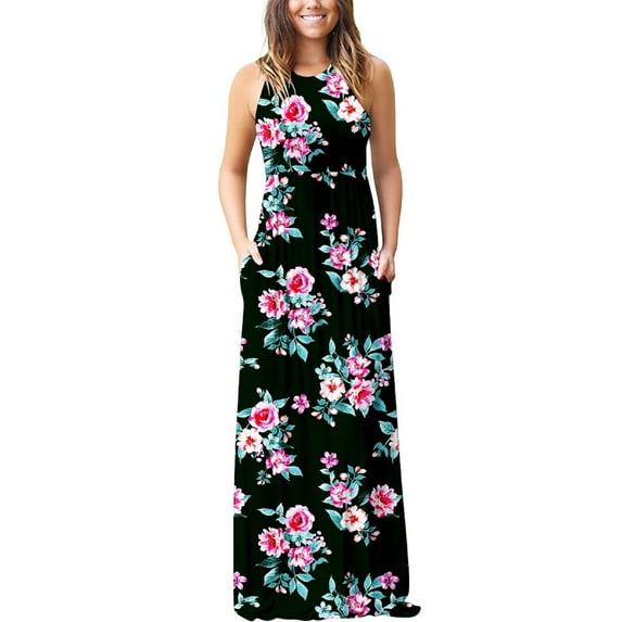 Aiyino Women's Sleeveless Dresses Plain Maxi Casual Long Dresses with Pockets,Black XS