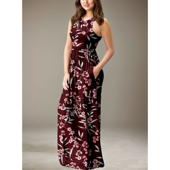 Aiyino Women's Dresses Sleeveless Plain Maxi Casual Long Dresses Plus Size with Pockets,Wine Red XL