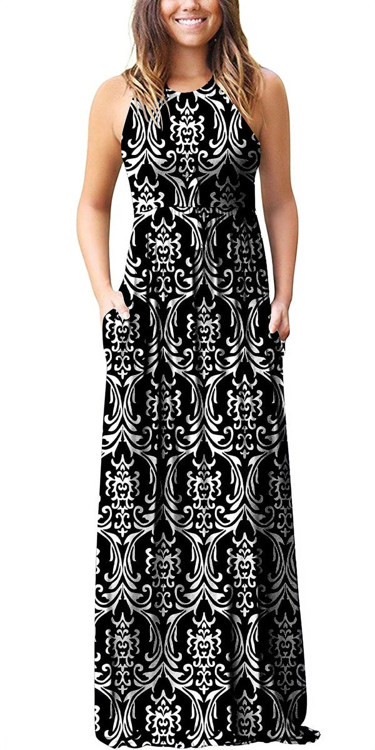 Aiyino Women's Sleeveless/Long Sleeve Plain Maxi Dresses Casual Long Dresses with Pockets,black white XL