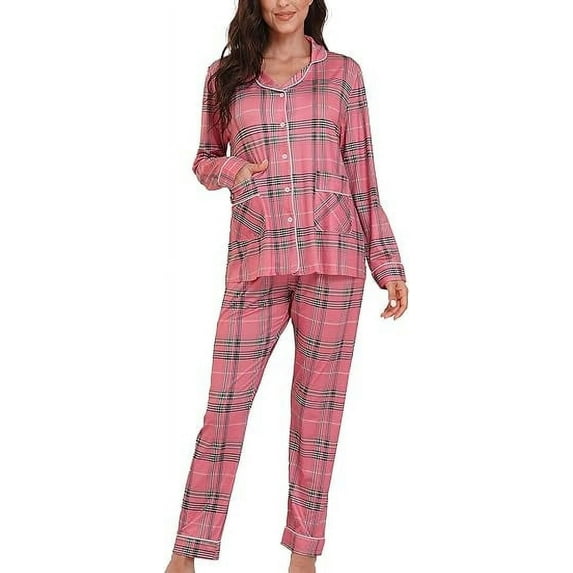 Aiyino Women's Soft Plaid Pajamas Long-Sleeve Button Front Shirt and Pant Pajama Set with Pockets