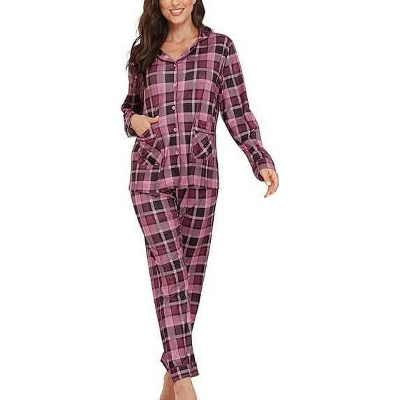 Aiyino Women's Soft Plaid Pajamas Long-Sleeve Button Front Shirt and Pant Pajama Set with Pockets