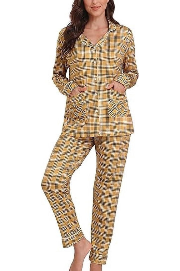 Women's Soft Plaid Pajamas Long-Sleeve Button Front Shirt and Pant Pajama Set with Pockets