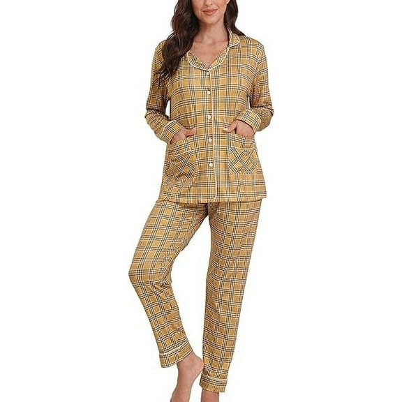 Aiyino Women's Soft Plaid Pajamas Long-Sleeve Button Front Shirt and Pant Pajama Set with Pockets