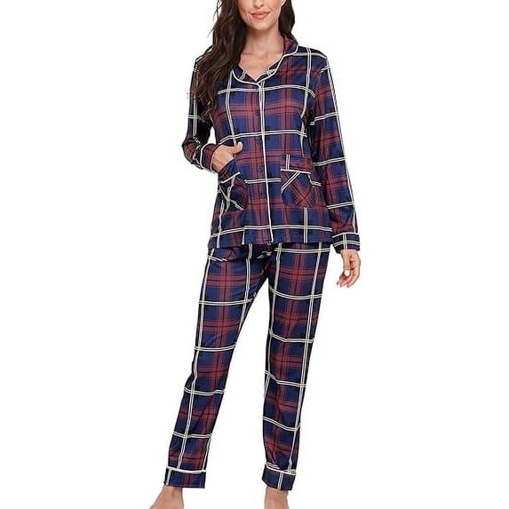 Aiyino Women's Soft Plaid Pajamas Long-Sleeve Button Front Shirt and Pant Pajama Set with Pockets