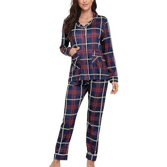 Aiyino Women's Soft Plaid Pajamas Long-Sleeve Button Front Shirt and Pant Pajama Set with Pockets