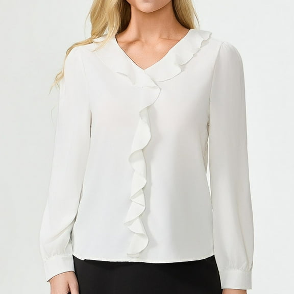 Aiyino Womens Dressy Casual Blouse Business Long Sleeve Tops Ruffle V Neck Work Shirt Fall Outfit 2025,White M