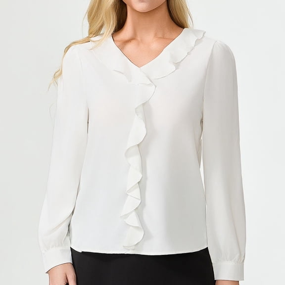 Aiyino Womens Dressy Casual Blouse Business Long Sleeve Tops Ruffle V Neck Work Outfit Shirt,White M