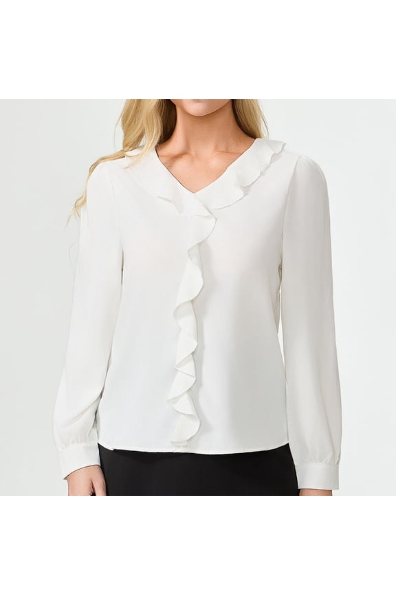 Womens Dressy Casual Blouse Business Long Sleeve Tops Ruffle V Neck Work Outfit Shirt,White M